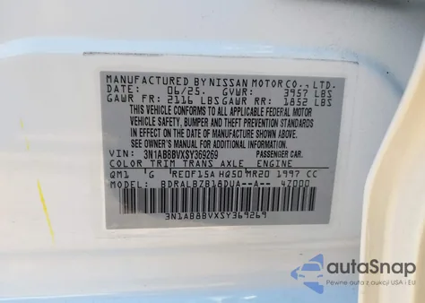 2025 Nissan Sentra S from USA, damaged, VIN 3N1AB8BVXSY369269